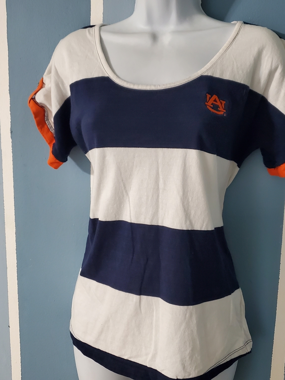 Auburn University Striped Scoop Neck Short Sleeve Tee - Navy, White & Orange